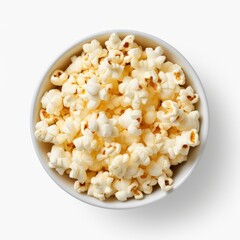 Popcorn in the wooden bowl, isolated on white background, top view.