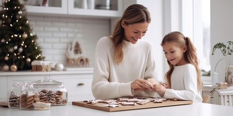 Happy family cooking together, little girl daughter making Christmas homemade cookies together with mother in festive decorated kitchen