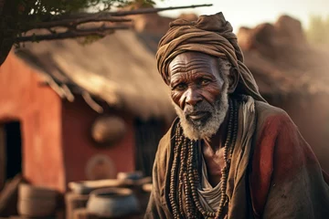 Foto op Plexiglas old african man in front of the house in an african village © alisaaa