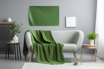 Gray sofa with green blanket living room. Floor home room chair lamp. Generate Ai