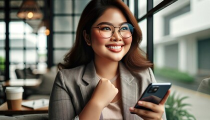 Cheerful Filipina Businesswoman Using Smartphone