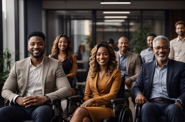 Corporate portrait of a multiracial working team with disabled members in a wheelchairs. Group photo of colleagues in the office, diversity, inclusion, equity concept.