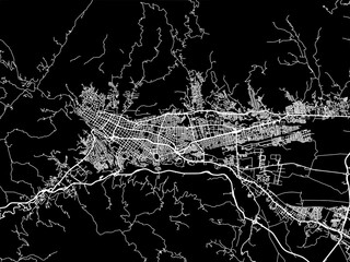 Vector road map of the city of Ibague in Colombia with white roads on a black background.