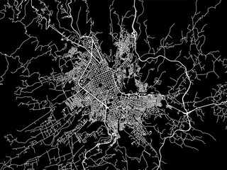 Vector road map of the city of Pasto in Colombia with white roads on a black background.
