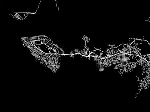 Vector road map of the city of Buenaventura in Colombia with white roads on a black background.