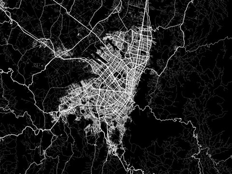Vector road map of the city of Bogota in Colombia with white roads on a black background.
