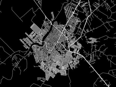 Vector road map of the city of Monteria in Colombia with white roads on a black background.