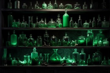 Green potions apothecary shelves. Food chemical art glass bottle. Generate Ai - obrazy, fototapety, plakaty