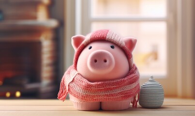 A piggy bank money box wrapped up warm with a scarf. Winter season heating bills, Heat saving, heating prices. Thermal insulation of building or dwelling