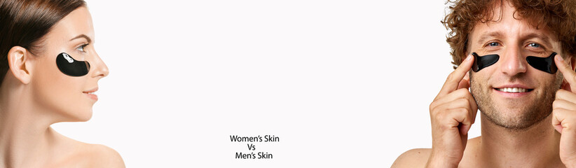 Banner. Man and woman using under eye patches for skin hydration, reduction of dark circles,...