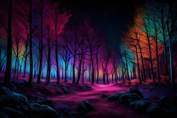 Fototapeta na wymiar A neon forest at night, with the trees exuding radiant liquid colors