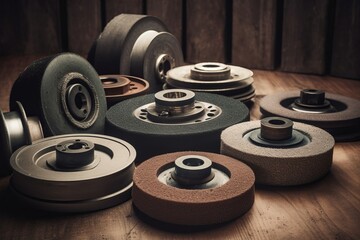 Grinding wheels collection different. Silicon abrasive circular process machine. Generate Ai