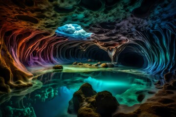 An abstract underwater cave system, with liquid-filled chambers of ever-changing colors