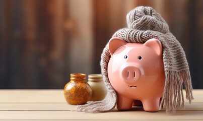 Obraz premium A piggy bank money box wrapped up warm with a scarf. Winter season heating bills, Heat saving, heating prices. Thermal insulation of building or dwelling