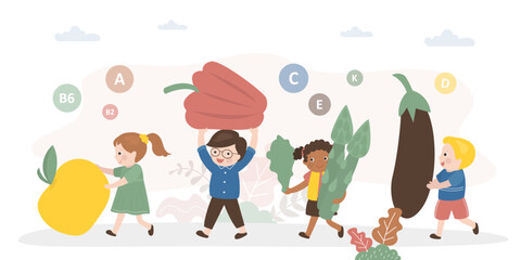 Group of happy children carrying vegetables for eating. Multiethnic kids characters holds different healthy food. Vegetarian nutrition with large amounts vitamins.