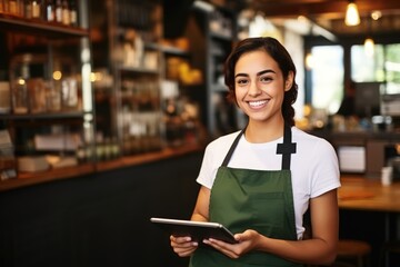 Happy woman, tablet and portrait of barista at cafe for order, inventory or checking stock in management. Female person, waitress or employee on technology small business at coffee shop restaurant