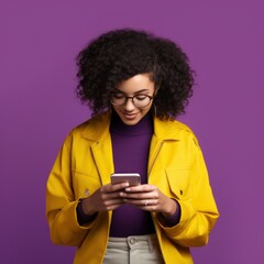 Portrait of attractive cheerful girl using smart phone post isolated over green color background, banner High quality photo