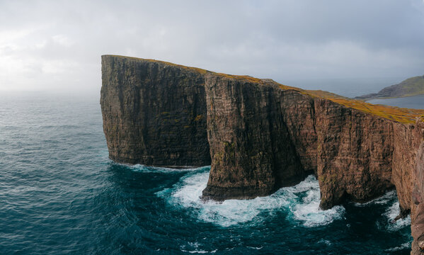 Sorvagsvatn lake on cliffs of Vagar island in sunset time, Faroe Islands, Denmark. Landscape photography panorama