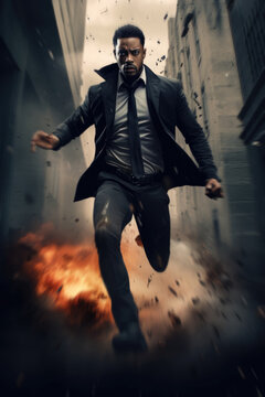 African american afro man running in a thriller action cinematic movie poster style - explosion back lighting the man - motion blur - corporate urban city street and buildings background 
