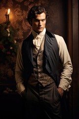 Handsome young Victorian Man - Wavy brown hair - Elegant attire  - obrazy, fototapety, plakaty