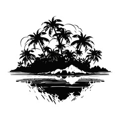 beach, palm, tree, tropical, island, summer, vector, sea, illustration, sun, nature, travel, ocean, water, silhouette, landscape, sunset, sky, vacation, ship, palm tree, paradise, hawaii, design, holi - obrazy, fototapety, plakaty