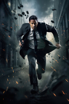 businessman running - holding a gun - wearing a black suit and tie - urban city street background - motion blur