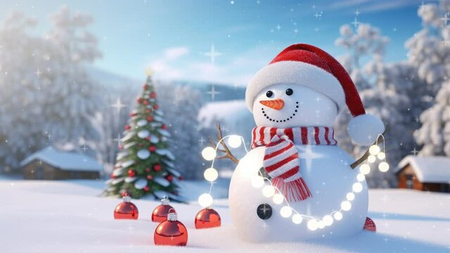 christmas celebration with christmas tree with snowman and gifts. with cartoon style. seamless looping time-lapse virtual video animation background.	
