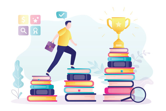 Knowledge, learning process. Smart student climbs stairs textbooks to success, trophy. Wider and far reaching vision from learning and reading books in academic education concept.