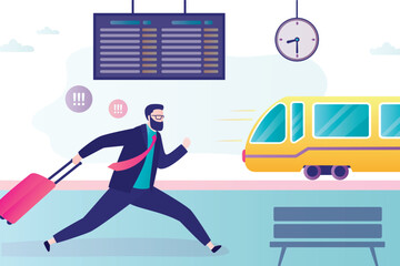 Businessman or male tourist with suitcase running along railway platform. Passenger missed the train. Catch leaving wagon