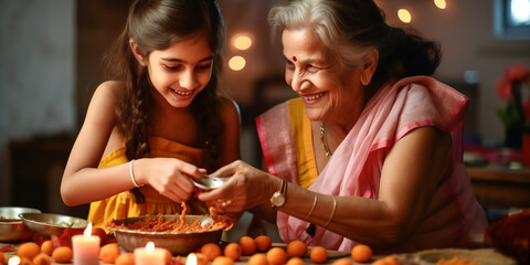 Family Bonding Over Laddoos: Grandmother and Girl Prepare for Diwali