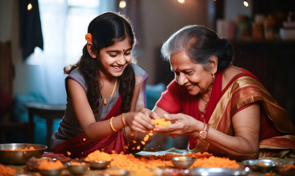 Little Helper: Girl Assists Grandmother in Making Laddoos for Diwali