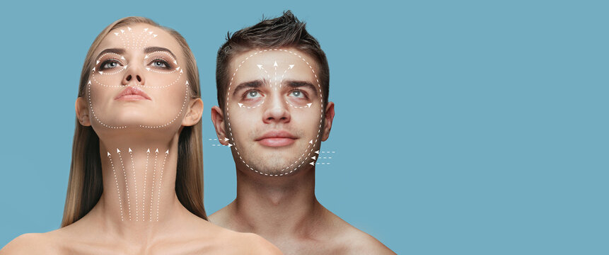 Face lifting, circuit. Young man and woman with arrows on face symbolling face lifting effects with cosmetological treatment. Concept of skincare, natural beauty, plastic surgery, health, cosmetics