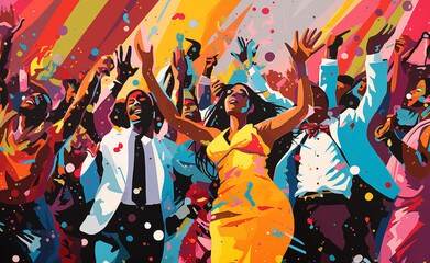 Lively and vibrant pop art scene capturing the joy and energy of dancing people during a festival.