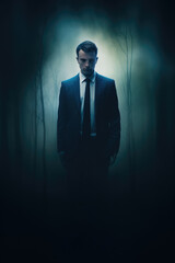 businessman in the woods - physiological thriller style - movie poster  © ana