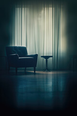 Dim lit empty room with a armchair - draped curtains 