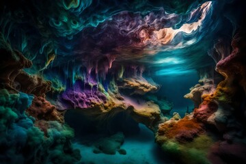 Fototapeta na wymiar An abstract underwater cave system, with liquid-filled chambers of ever-changing colors