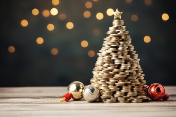 A festive christmas tree made from a pile of coins. Christmas cost and budget concept - obrazy, fototapety, plakaty