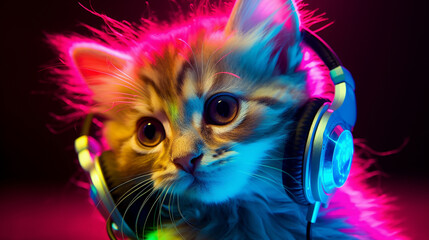 Kitten with headphones on his head in neon light.