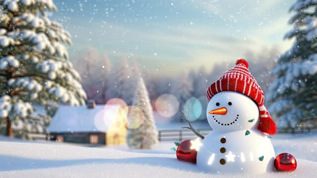christmas decoration  with snowman in the village. with cartoon style. seamless looping time-lapse virtual video animation background.	

