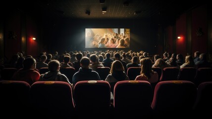 Many people sitting in the seats of a cinema watching a movie
