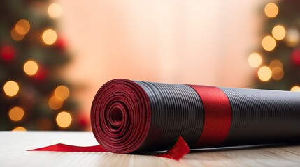 Close up of yoga mat with gift ribbon, home festive decorated fairy bokeh lights, for Christmas, New Year. Healthy lifestyle, weight loss, Blurred de-focused garland lights, gold bokeh