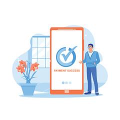 A young man is shopping online at home. Using a smartphone to make online payments. Order Confirmation concept. trend modern vector flat illustration