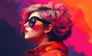 Profile of a young, fashionable girl who has a short haircut, vivid hair color and sunglasses - obrazy, fototapety, plakaty