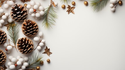 Christmas background featuring with fir branches, pine cones and lights. AI generated