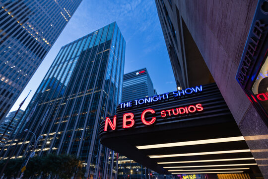 New York, NY, United States - July 23, 2023: Illuminated sign of the entrance to the Tonigh Show of NBC Studios at 30 Rockefeller Plaza, Manhattan