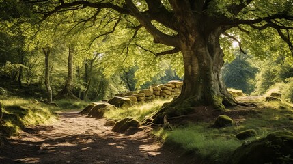 Fototapeta premium a very old tree in a sunshine forest