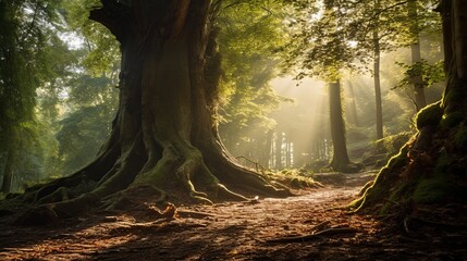 a very old tree in a sunshine forest