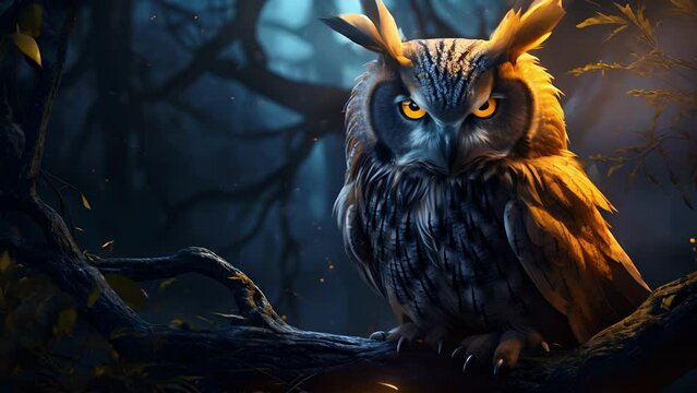 An owl swoops down its bright yellow eyes conveying its secrets to a lone fox in the shadows