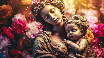 ancient roman antique statue of mother and child, covered with flowers, woman with baby, romantic, bokeh