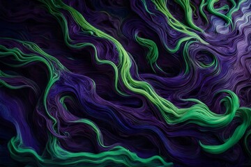 Intertwining streams of neon green and deep violet creating an otherworldly liquid art piece.